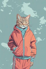 cat in a tracksuit on a soft blue background. bright colors. cartoon style. place for text. 