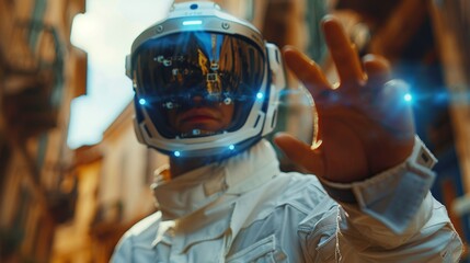 Aufkleber - An image of a man with a head-set gadget reaching for his hand in a concept of virtual reality technology.