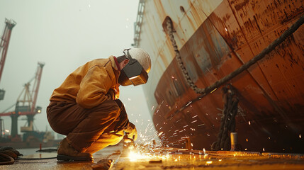 Poster - A shipyard worker welding metal, with a ship in the background. Generative AI.
