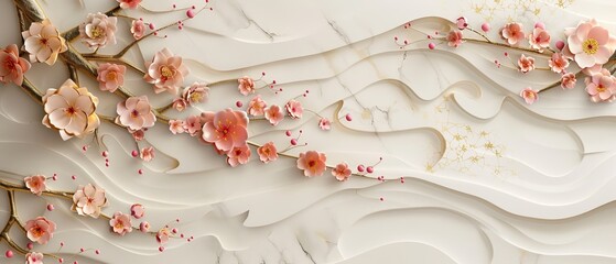 Aufkleber - For decoration, cherry blossoms with brunch elements are arranged in gold geometric icons.