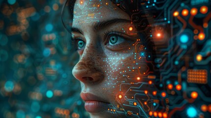 Poster - Face scanning with electronic board is a biometric, digital face scanning concept.