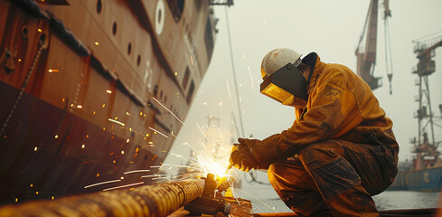 Poster - A shipyard worker welding metal, with a ship in the background. Generative AI.
