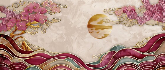 Poster - Decorative border and frame with Japanese pattern. Gold and pink geometric background. Nature icons and symbols texture for cards, posters, templates, and covers.