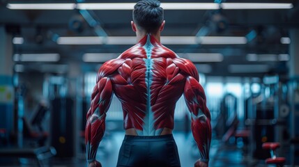 Poster - Sports science concept with muscle man posting for body analysis, bodybuilder displaying back muscles