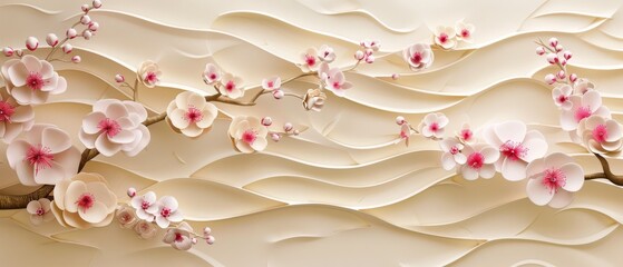 Poster - Modern cherry blossom with Japanese pattern seamless. Gold geometric background.