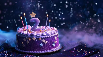 Magical Second Birthday Cake with Purple Number 2 and Sparkling Magic Wands Under Mystical Night Sky