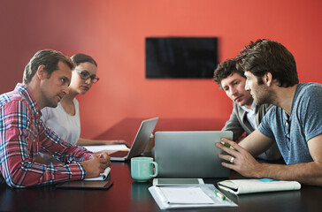 Canvas Print - Meeting, business and people with laptop as group for discussion, conference and teamwork with support of planning project. Man, woman and talking, document and ideas for research as developer