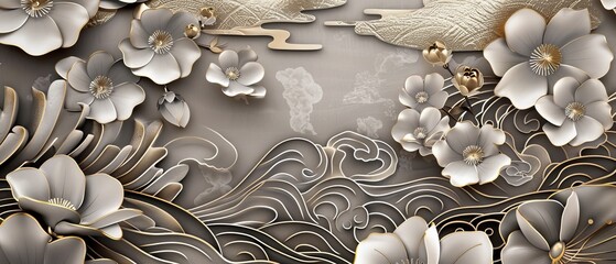 Poster - Decorative flower pattern modern. Gold Japanese background. Morning glory flower, wave and cloud elements.