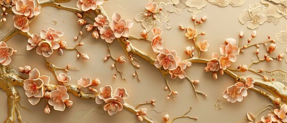 Wall Mural - A modern illustration of gold cherry blossoms on a Japanese background.