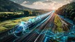 © spyrakot - High-Speed Cargo Train in Scenic Rural Landscape with Digital Overlays for Logistics and Environmental Impact Analysis
