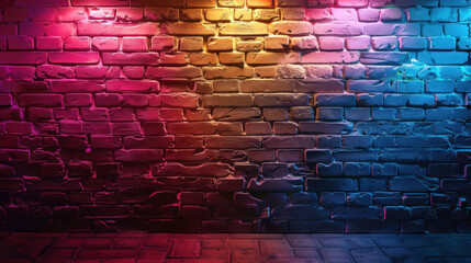 Wall Mural - Old brick wall with stone floor, neon blue and pink color design for wallpaper background illustration, Empty Scene Neon Light Background