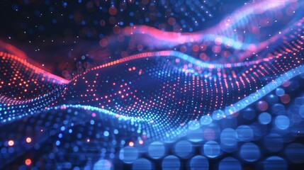 Poster - Technology digital wave background concept with beautiful motion waving dots texture and glowing defocused particles.
