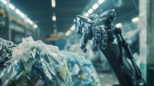 A Recycling Plant Robot Sorting And Lifting Large Bags Of Recyclables - Close Up On The Robotic Arms And Sorted Materials 