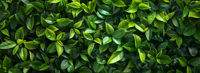 Wall Mural - A captivating aerial view of lush green tea leaves adorning a boxwood hedge. Capturing nature's beauty from above.