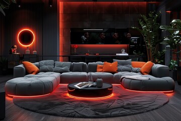 Wall Mural - A stylish living room with circular coffee tables and neon accents, set against a black light background for a unique and modern look