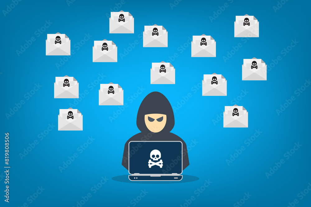Hacker with laptop computer stealing confidential data, personal ...