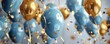 © CHONCHANOK PHOTO - Corporate anniversary event, featuring elegant blue and gold balloon decorations, confetti creating a festive atmosphere, digital render for corporate marketing