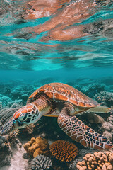 Wall Mural - A sea turtle swimming under clear water 