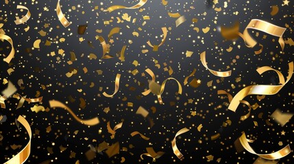 The seamless pattern features realistic falling gold confetti and streamers on a transparent background.