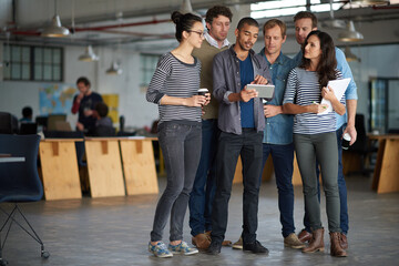 Poster - Tablet, collaboration and planning for business together, web design and conversation with leader. Technology, paper and people, manager talking to an employee and group in a professional workplace