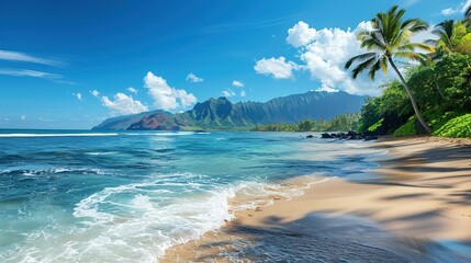 Canvas Print - Beautiful tropical paradise beach with palm trees on hot summer day and cloudy sky. Perfect landscape background for relaxing, vacation, travel, tourism concept. Inspiring tropical summer landscape