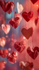 Wall Mural - A bunch of hearts hanging from a string. The hearts are red and appear to be paper. Concept of love and warmth