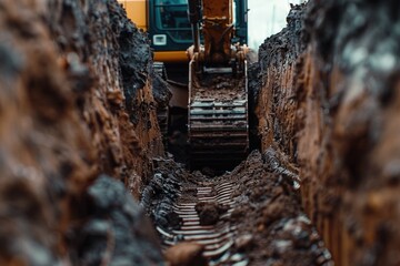 Poster - A bulldozer in action, digging through a trench. Suitable for construction and industrial concepts