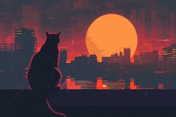 Poster - A cat sitting on a ledge in front of a full moon. Suitable for various night-themed designs