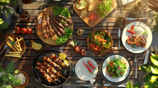 A table is set with a variety of food, including meat, vegetables, and fruit,having a barbecue , barbecue grill, summer activities.