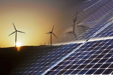 Poster - A row of solar panels with wind turbines in the background. Suitable for environmental and renewable energy concepts
