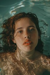 Poster - Woman in a swimming pool with her hair floating in the air. Suitable for lifestyle and beauty concepts