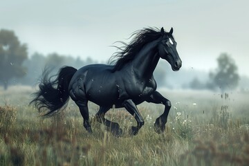 Aufkleber - A black horse galloping through a field of tall grass. Perfect for nature and animal themes