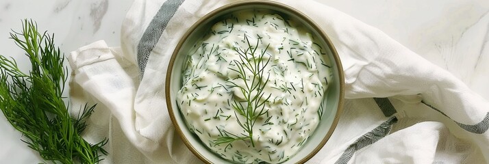 Wall Mural - Dill sauce in bowl, tzatziki greek dip, tarator, cacik or tartar with lemon, dill dressing, mayo, yogurt cream