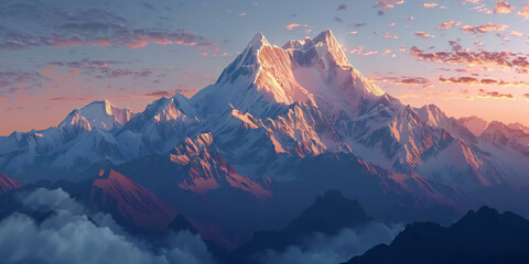 sunrise in the mountains,  Illuminate the majesty of snow-capped mountains at dawn.