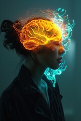 Aufkleber - A woman with a glowing brain on her head. Suitable for medical and scientific concepts