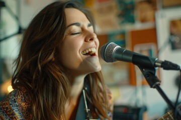 Aufkleber - A woman singing into a microphone while holding a guitar. Ideal for music and performance concepts