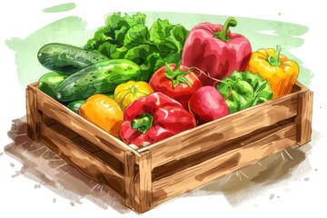 Poster - Wooden box filled with assorted fresh vegetables. Suitable for food and nutrition concepts