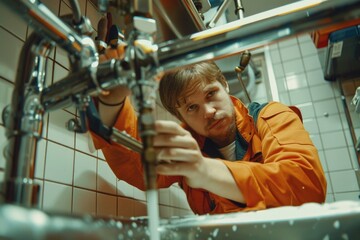 Poster - A man is seen fixing a sink in a bathroom. Ideal for plumbing and DIY projects