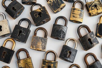 Poster - Collection of vintage padlocks on a table, ideal for security concepts