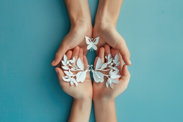 Poster - Two hands holding white paper flowers against a blue background. Ideal for wedding invitations or floral themed designs