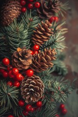Aufkleber - A bunch of pine cones and red berries, perfect for holiday decorations