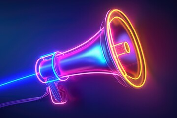 Poster - A vibrant neon megaphone against a dark backdrop. Ideal for promotional and advertising concepts