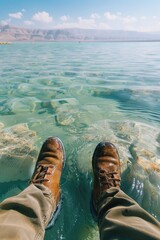 Wall Mural - A person standing with their feet in the water. Suitable for nature and relaxation themes