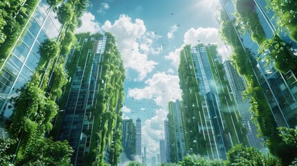 Poster - Tall buildings surrounded by lush green trees, perfect for urban and nature themes