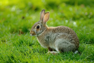 Poster - A cute rabbit sitting in the grass on a sunny day. Perfect for nature and animal themes