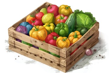 Poster - Various fresh vegetables in a rustic wooden crate, ideal for food and healthy eating concepts