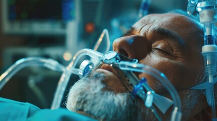 Poster - Man in hospital bed with ventilator, suitable for medical concepts