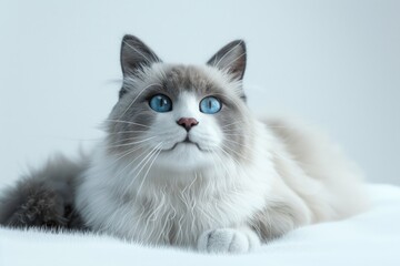 Aufkleber - A cat with striking blue eyes lounging on a bed. Suitable for pet and relaxation concepts