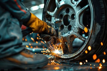 Poster - Person using a grinder to grind a tire, useful for automotive industry