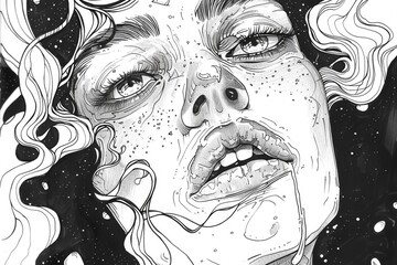 Poster - Detailed black and white drawing of a woman's face. Suitable for various design projects